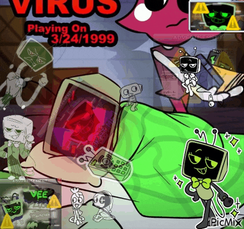 a cartoon poster for virus playing on 3/24/199