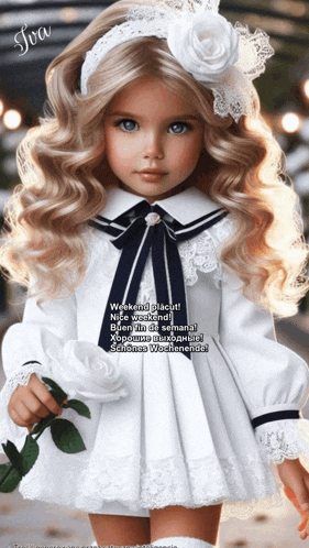a little girl in a white dress holding a white rose