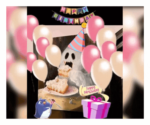 a birthday card with a ghost eating a cupcake and balloons