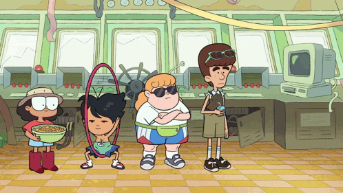a group of cartoon characters are standing in a room with a steering wheel in the background