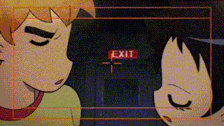 two cartoon characters are standing next to each other in front of a red exit sign .