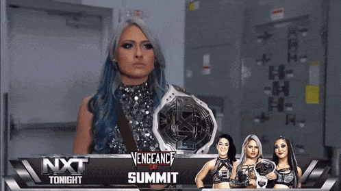 an advertisement for nxt tonight shows a woman holding a wrestling trophy