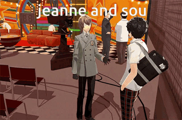 jeanne and sou are standing next to each other in a video game