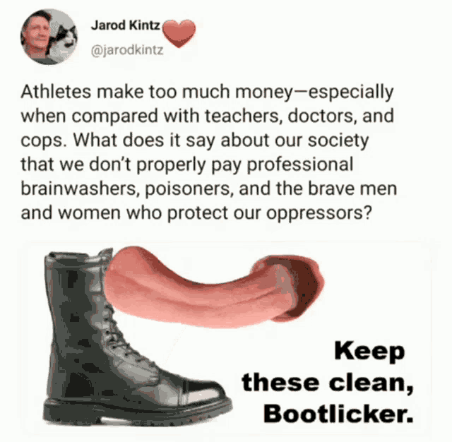 a tweet by jarod kintz has a picture of a boot with a tongue sticking out