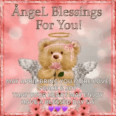 a teddy bear dressed as an angel is holding a rose and flowers .