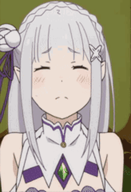 a close up of a anime girl with white hair and a purple braid