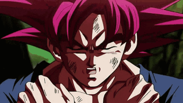 a close up of a cartoon character with pink hair and a blue shirt