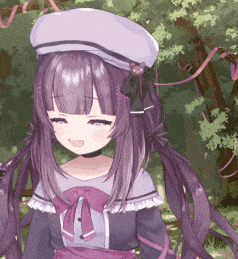 a girl with purple hair is wearing a white hat with a teddy bear on it