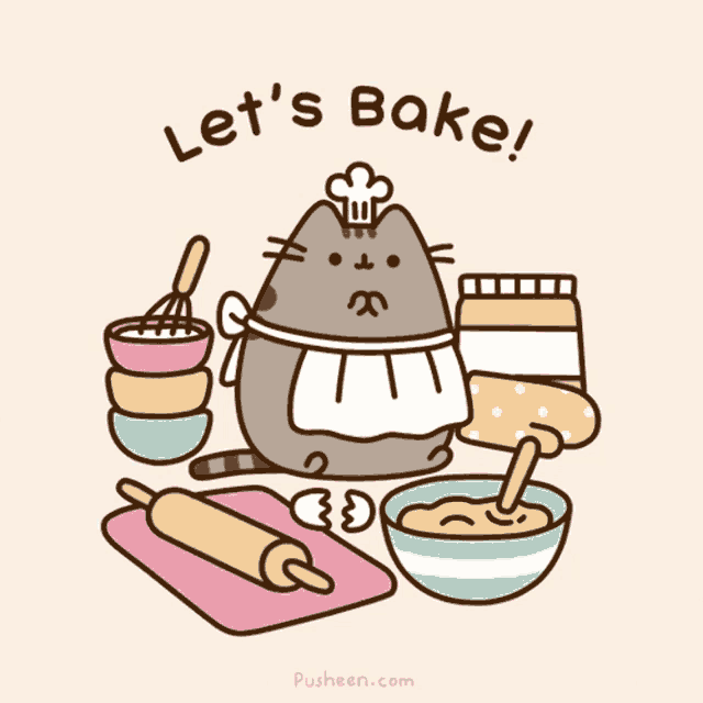 a cartoon of a cat wearing a chef 's hat and apron with the words let 's bake