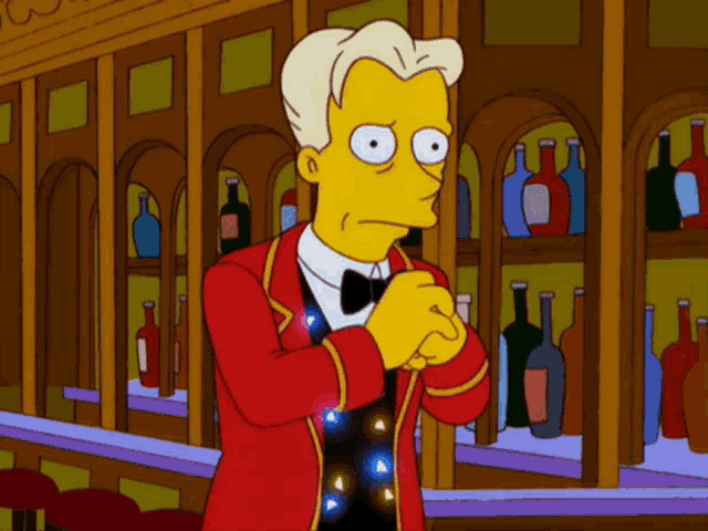 a cartoon character standing in front of a bar