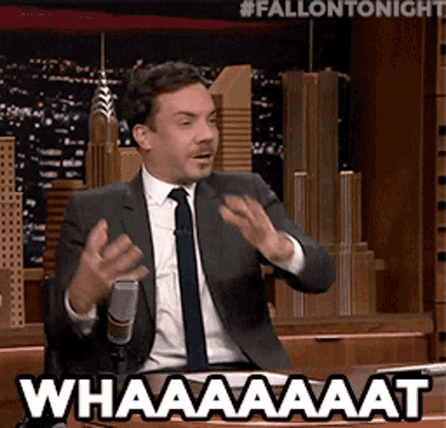 a man in a suit and tie is sitting at a table with a microphone and says whaaaaaat