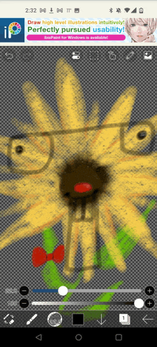 a phone screen shows a drawing of a flower with glasses and a bow tie