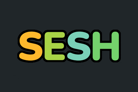 the word sesh is written in yellow and green on a dark background