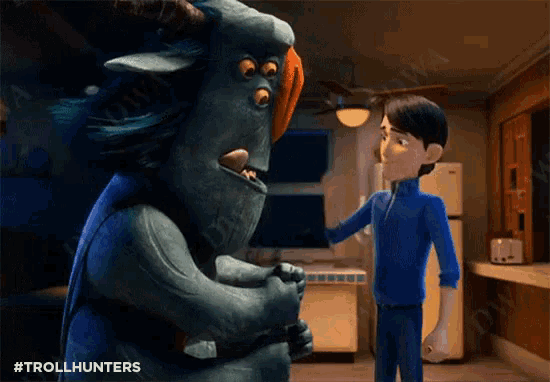 a cartoon of a man and a monster with #trollhunters written on the bottom