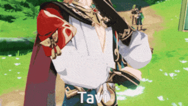 a video game character with the name tavi written on his chest
