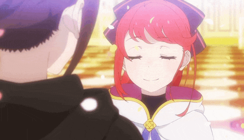 a girl with red hair is smiling at another girl with purple hair
