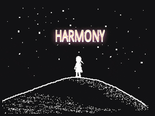 the word harmony is on a black background with a person standing on a hill