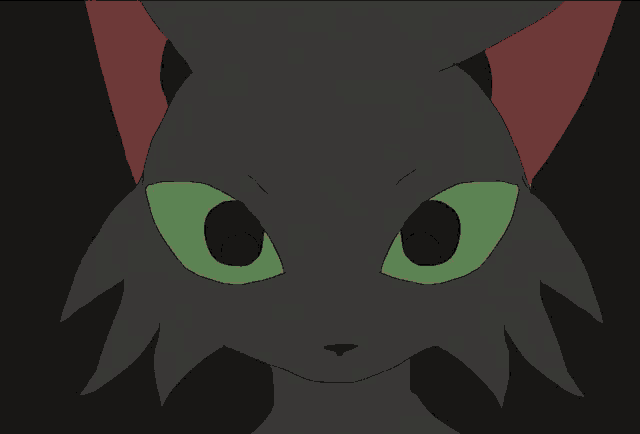 a black cat with green eyes and a red tail