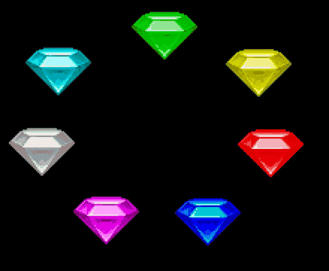 six different colored diamonds are lined up in a circle on a black background