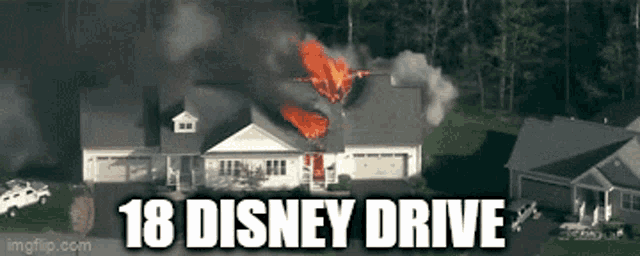 an aerial view of a house that is on fire with the caption 18 disney drive