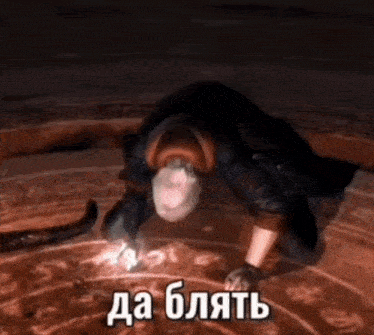 a devil may cry character is kneeling down in a circle with russian writing on it .