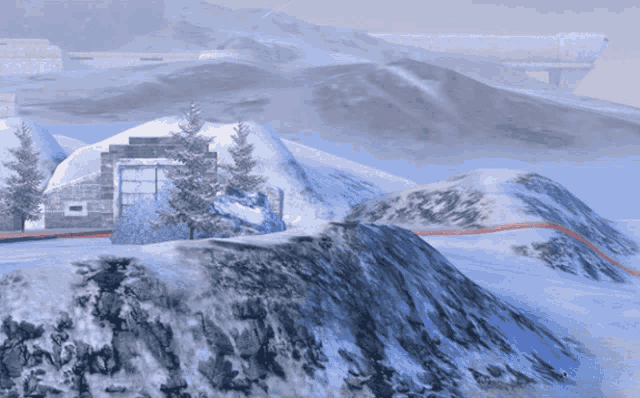 a computer generated image of a snowy landscape with a building in the middle