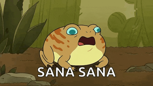 a cartoon of a frog with the words sana sana above it