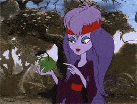 a cartoon character with purple hair is holding a green apple and pointing at it