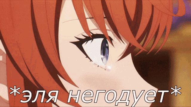 a close up of a girl 's face with a caption in russian that says * ela негодует *