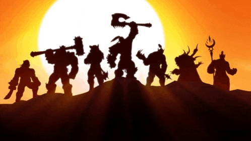 a group of silhouettes of monsters standing on a hill