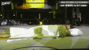 a woman is wrapped in a white blanket on a wrestling ring with the tjpw logo in the background