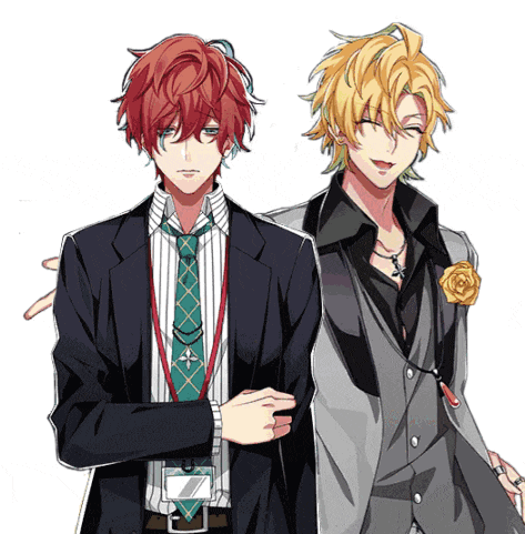 two anime characters are standing next to each other and one has a name tag that says ' a ' on it