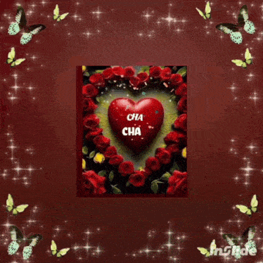 a heart surrounded by red roses and butterflies with the words cha cha written on it