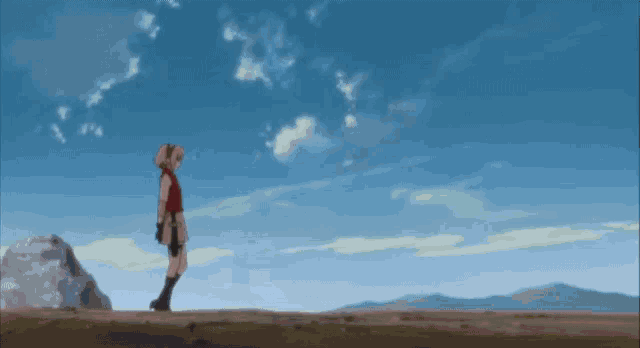 a person standing in a field with a blue sky and clouds in the background