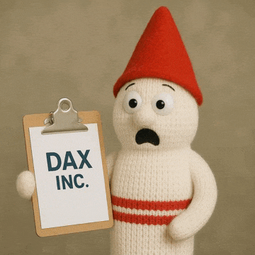 a knitted gnome is holding a clipboard that says dax inc
