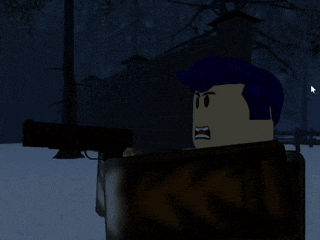a cartoon character with blue hair is standing in the snow in front of a building