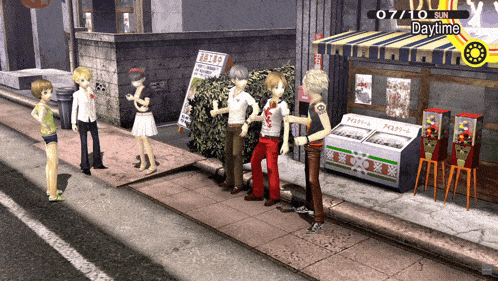 a group of people are standing on a sidewalk in front of a store that says daytime on it