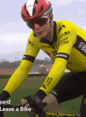 a man wearing a helmet and sunglasses is riding a bike with the words lease a bike below him