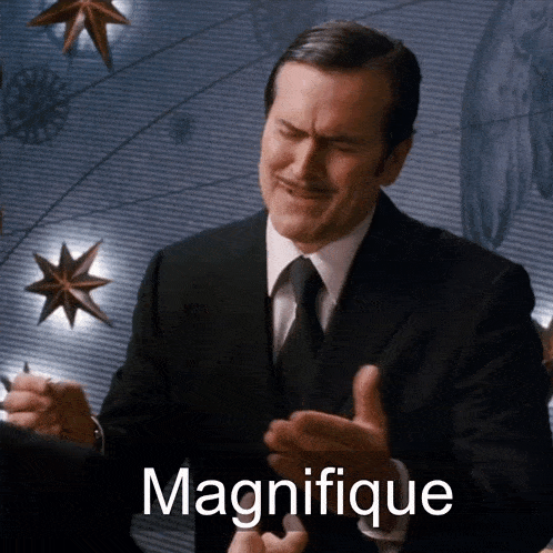 a man in a suit and tie is giving a thumbs up with the word magnifique behind him
