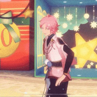 a cartoon character with pink hair is standing in front of a display case with a star on it .