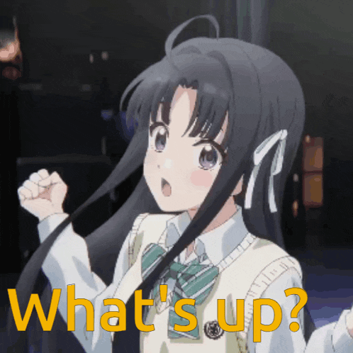 a girl in a school uniform with the words what 's up on the bottom