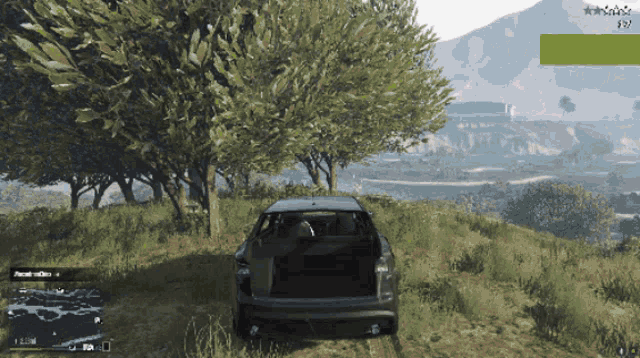 a screenshot of a video game shows a car driving down a hill with trees in the background