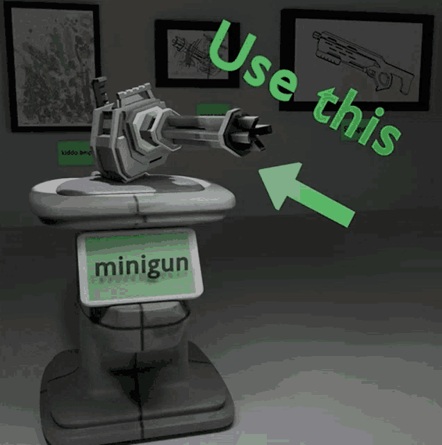 a display of a minigun with an arrow pointing to it that says use this