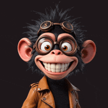 a cartoon monkey wearing goggles and a brown jacket smiles