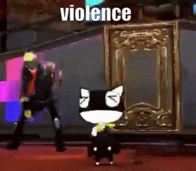 a cartoon cat is standing in front of a mirror with the word violence written on it