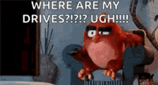 an angry bird from the movie the angry birds is sitting on a chair and asking where are my drives ?
