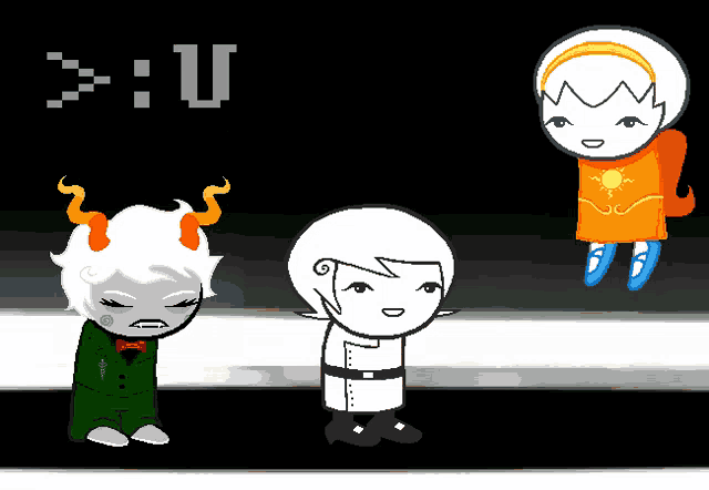 a cartoon drawing of three characters with the letters x and u behind them