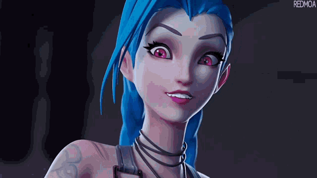a cartoon girl with blue hair and pink eyes
