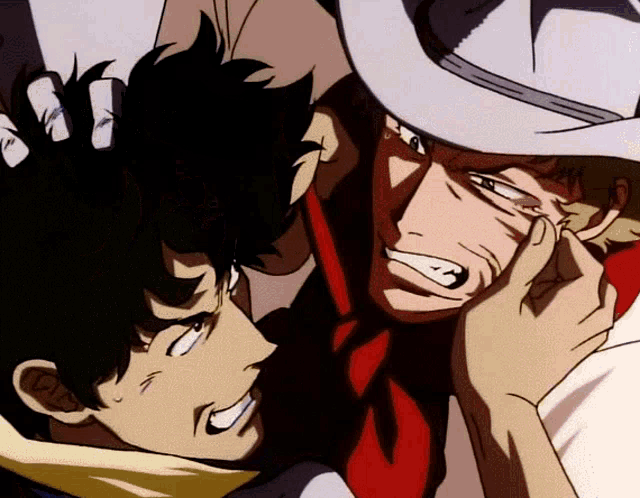 a man in a cowboy hat holds another man 's head