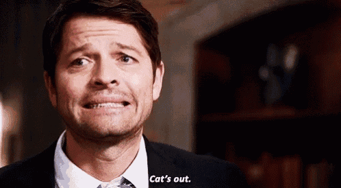 a man in a suit and tie is making a funny face and saying cat 's out .